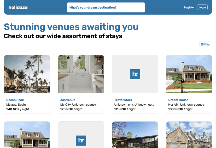 Screenshot of the Project Exam 2 website (Holidaze)