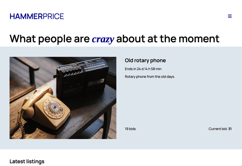 Screenshot of the Semester Project 2 website (HammerPrice)